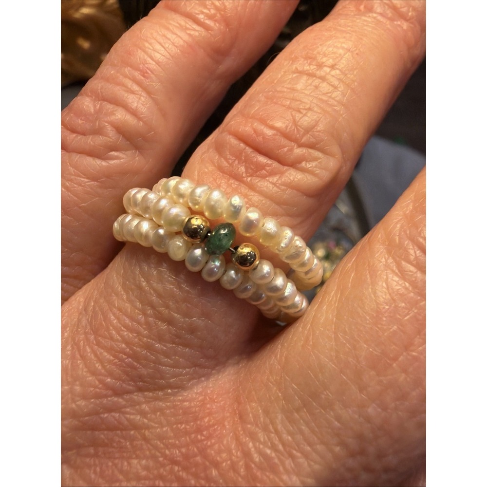 Freshwater Pearl Wrap Ring Multi Strand Stackable Green Stone Adjustable Boho
